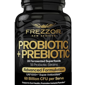 FREZZOR Probiotic + Prebiotic Capsules, Once Daily 60 Billion CFUs, Digestive Health for Men and Women, 18 Strains, 90 caps, 1 Month Supply