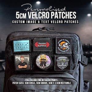 May include: A black backpack displaying various 5cm Velcro patches. The patches showcase custom images and text, such as "CARB NATION," "TRAINING BARWICK," and "STOMP & CHOMP RUNNING CLUB." Other designs include "GRAVEDIGGER." Patches are square, circular, and rectangular in shape.