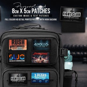 May include: A black tactical backpack featuring multiple rectangular hook-backed patches with custom graphics and text. The patches display various designs including National 3 Peaks Challenge, Fight Club, Rush Outdoors, Apollo, and Sam Walker Communications.