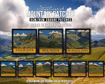 Stylised UK Mountain Patches, Sew on, iron on or hook backing.