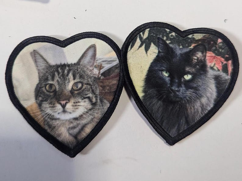 May include: Two heart-shaped patches featuring cat portraits. One patch shows a tabby cat, the other a black cat with green eyes. Both patches have a black border and are set against a white background.