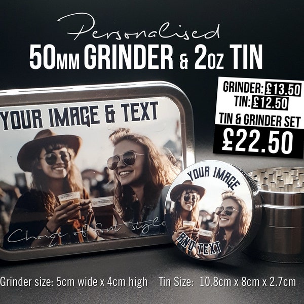 Personalised 50mm Grinder & 2oz Tin. Silver