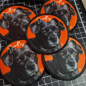 May include: A collection of five circular patches featuring a black dog with brown eyes. Each patch has an orange border and the name "Doodles" in cursive. The dates "25.04.12 - 02.07.24" are also printed on the patches.
