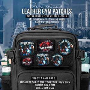 May include: A black tactical backpack featuring multiple customisable PU leather velcro patches in square, rectangular, and circular shapes. The patches display full-colour HD prints and text. Available sizes include rectangles 5cm x 3.5cm, 7.5cm x 5cm, 8.5cm x 6cm, squares 5cm, 6.5cm, and circles 5cm, 6.5cm.