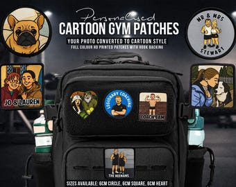 Personalised Cartoon Patches, Your photo in cartoon style. Hook & Loop Backed Gym Patches