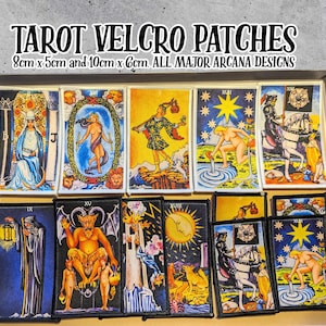 May include: A set of 10 tarot card velcro patches featuring the major arcana designs. The patches are available in two sizes: 8cm x 5cm and 10cm x 6cm.  The patches are printed on a white background with colourful illustrations.