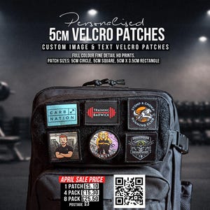 May include: A black backpack displaying several 5cm Velcro patches. The patches showcase custom images and text, such as "CARB NATION", "TRAINING BARWICK", and "STOMP & CHOMP RUNNING CLUB". The image also includes the text "Personalised 5cm VELCRO PATCHES".