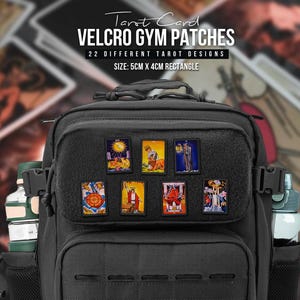 May include: Black backpack with six colourful Velcro patches featuring tarot card designs. The patches are rectangular, measuring 5cm x 4cm. Text on the image reads "Tarot Card VELCRO GYM PATCHES" and "22 DIFFERENT TAROT DESIGNS."