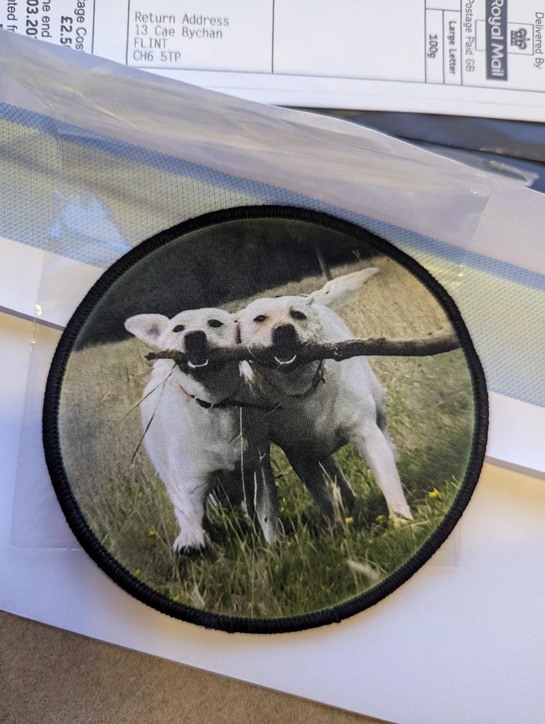 May include: Round patch featuring two white dogs joyfully carrying a stick in their mouths. The dogs are set against a backdrop of green grass and a soft, blurred background. The patch has a black border.