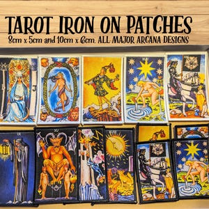 May include: A selection of tarot iron-on patches, showcasing Major Arcana designs. The patches measure 8cm x 5cm and 10cm x 6cm. The image displays text that reads "TAROT IRON ON PATCHES" and "ALL MAJOR ARCANA DESIGNS".