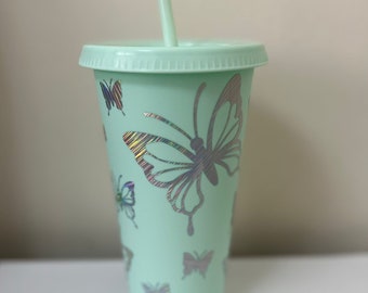 Flux Label Co. | Aqua Butterfly | Cold Cup Vinyl Starbucks Iced Latte Personalised Y2K