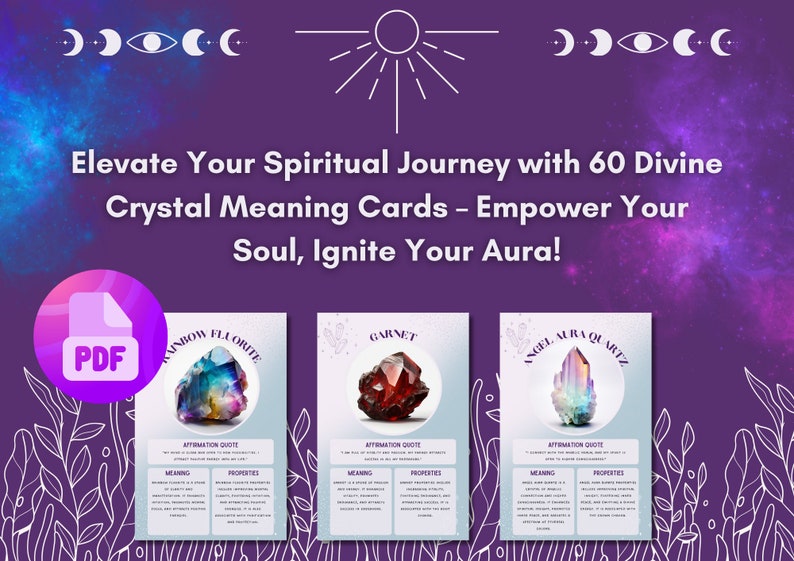 60 Crystal Healing Cards Printable PDF, Spiritual Journey Guide, Aura Empowerment, Gemstone