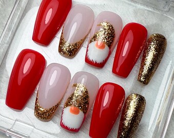 Red And Gold Gnomee Christmas Press On Nails Handmade Reusable Fake Fingernails
