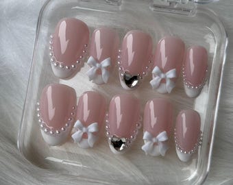 Elegant Press-On Nails | French Manicure with White Pearls, Bow & Heart Crystal |