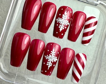 Red Christmas Nails, Red Metallic Nails, Press Ons, Holiday Nails