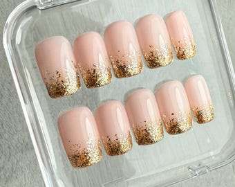 Gold French Christmas Nails, Golden French Tip Nails, Press Ons, Holiday Nails