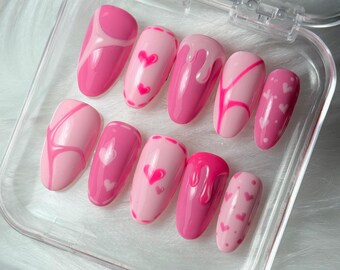 3D Valentine’s Day Press-On Nails | Hand-Painted | Unique Romantic Nail Art
