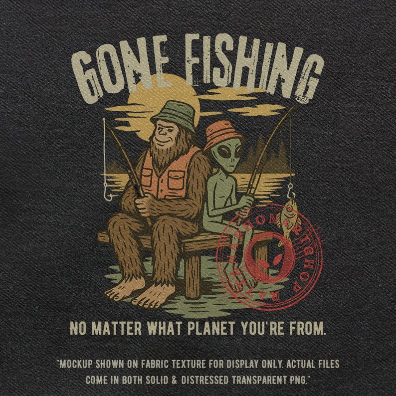 Bigfoot & Alien Funny Fishing Clipart PNG | Retro Vintage Outdoor T ...