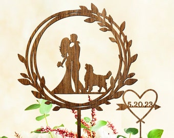 Boho Floral Wedding Cake Topper with Dog and Date, Wreath Wood Cake Topper with Dog, Wedding cake topper, Cake Topper with Golden Retriever