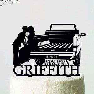 Pick Up Truck wedding cake topper with Bride and Groom, Wedding Cake Topper, Driver Cake Topper, Name Topper, Personalized Topper, Date