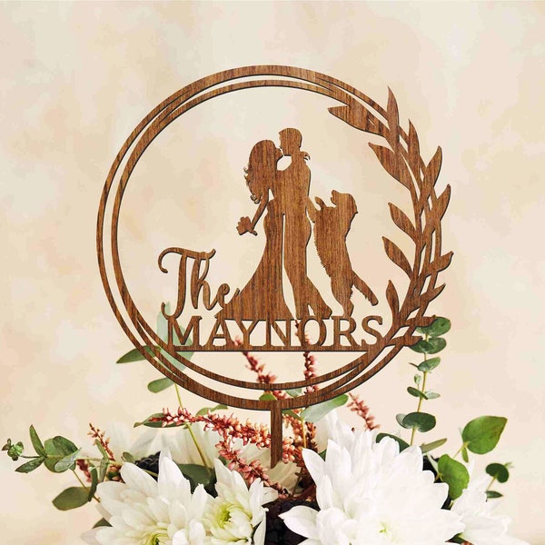 Boho Floral Wedding Cake Topper with Dog, Wreath Wood Cake Topper with Dog, Wedding cake topper, Cake Topper with Golden Retriever, Gift