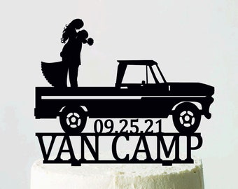 Pick up truck wedding cake topper with Bride and Groom, Trucker Wedding Cake Topper, Driver Cake Topper, Name Topper, Funny Topper, Date