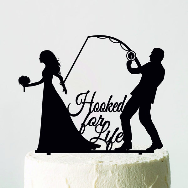 Bräutigam Ziehen Braut Hochzeitstorte Topper, Hooked for Life, Bräutigam schleppende Braut Topper, Angeln Cake Topper, lustige Cake Topper, Geschenk