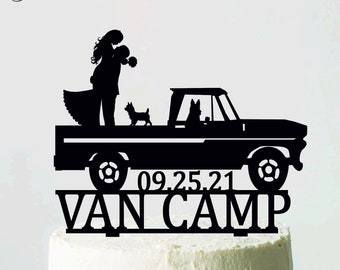 Pick Up Truck wedding cake topper with Pets and Bride and Groom, Trucker Wedding Cake Topper, Driver Cake Topper, Name Topper, Dog Topper