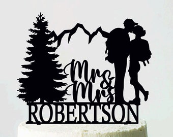 Mountain Wedding Cake Topper, Hiking Couple cake topper, Outdoor Wedding Topper, Backpacking Bride and Groom, Personalized Topper, Mr&Mrs