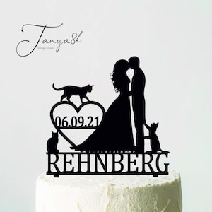 Wedding cake topper with Three Cats, Cake Topper with cat, Bride and Groom Silhouetts, Cake Topper with Date, Funny Topper ,T16