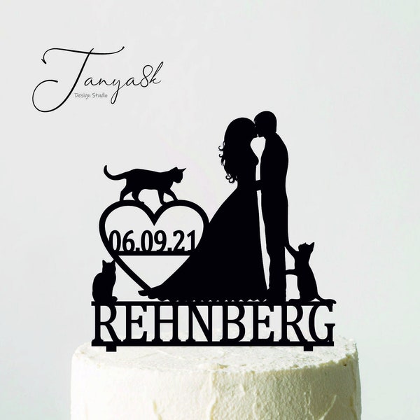 Wedding cake topper with Three Cats, Cake Topper with cat, Bride and Groom Silhouetts, Cake Topper with Date, Funny Topper ,T16