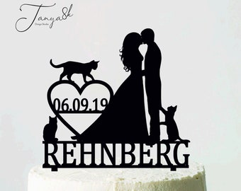 Cat cake Topper, Personalized Wedding Topper, Cake Topper with cat, Bride and Groom Silhouetts, Cake Topper with Pets, Cats theme wedding
