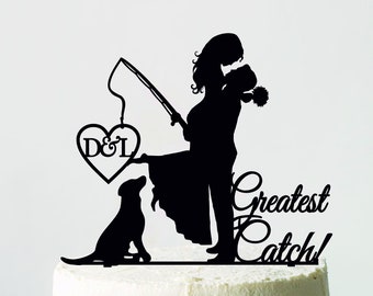 Angeln Hochzeitstorte Topper mit Hund, Braut und Bräutigam mit Angelrute, Best Catch Ever, Fisherman Cake Topper, Größter Fang, Dog Topper