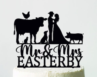 Farm Wedding Cake Topper, Cowboy Wedding Cake Topper with Cow, Ranch Topper With Couple, Country Topper with dog, cat, Farm Animals Topper