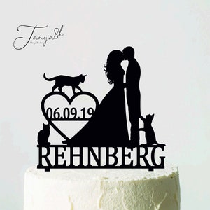 Cat cake Topper, Personalized Wedding Topper, Cake Topper with cat, Bride and Groom Silhouetts, Cake Topper with Pets, Cats theme wedding