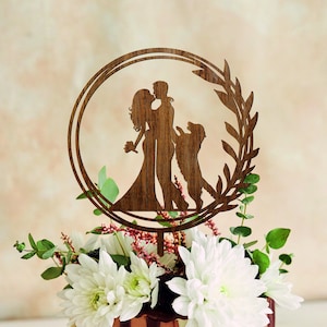 Topper per torta nuziale floreale in stile boho con cane, topper per torta nuziale in legno con ghirlanda e cane, topper per torta nuziale, topper per torta nuziale con Golden Retriever