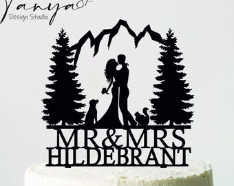 Mountain Wedding Cake Topper with dog and cat, Silhouettes Bride and Groom, Cake Topper with Cat, topper with pets, Mr&Mrs Topper, T11