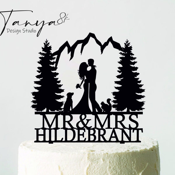 Mountain Wedding Cake Topper with dog and cat, Silhouettes Bride and Groom, Cake Topper with Cat, topper with pets, Mr&Mrs Topper, T11