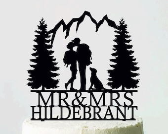 Mountain Wedding Cake Topper with dog, Hiking Couple cake topper with labrador, Dog Theme, Backpacking Bride and Groom, Personalized Topper
