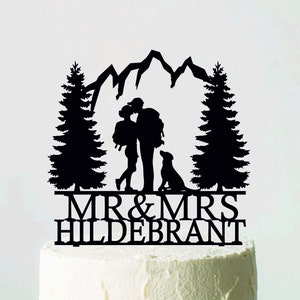 Mountain Wedding Cake Topper with dog, Hiking Couple cake topper with labrador, Dog Theme, Backpacking Bride and Groom, Personalized Topper