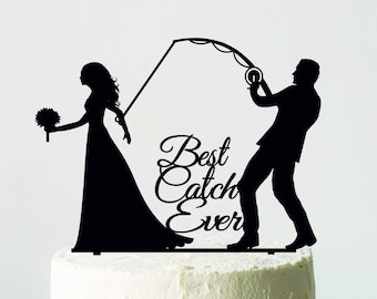 Groom Pulling Bride Wedding Cake Topper, Best Catch Ever, Groom Dragging Bride Topper, Fishing Cake Topper, Funny Cake Topper
