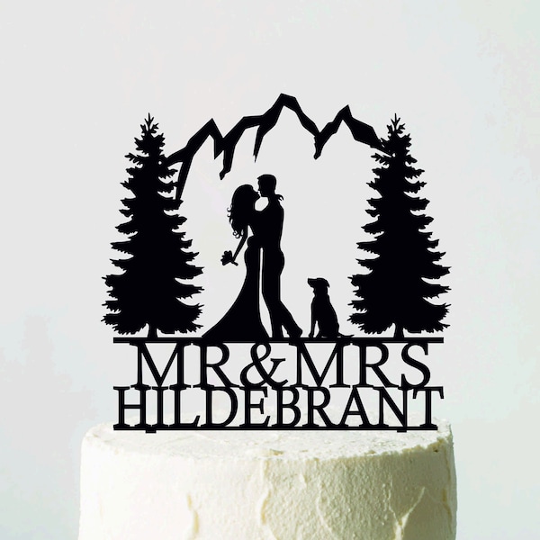 Mountain Wedding Cake Topper with dog, Silhouettes Bride and Groom, Cake Topper with dog, Dog theme, Mr&Mrs Topper, Personalized Cake Topper