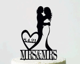 Lesbische bruidstaart topper, hetzelfde geslacht topper, mevrouw en mevrouw bruidstaart topper, taart topper met datum in hart, grappige taart topper, cadeau