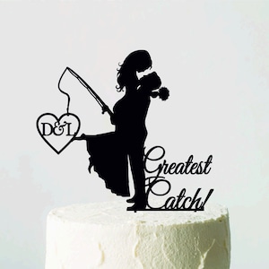 Fishing Wedding Cake Topper, Bride and Groom with fishing rod, Best Catch Ever, Fisherman Cake Topper, Greatest Catch, Monogram topper