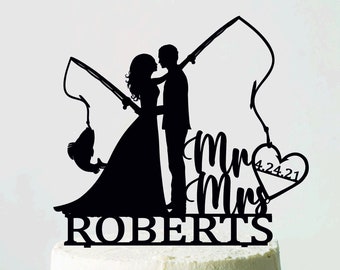 Topo de bolo de casamento de pescador, topo de bolo Sr. e Sra., topo de bolo personalizado, varas de pesca com data, topo de bolo de pescador, topo de bolo engraçado
