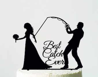 Topo de bolo de casamento com noivo puxando a noiva, a melhor pescaria de todos os tempos, topo de bolo com noivo arrastando a noiva, topo de bolo de pesca, topo de bolo engraçado