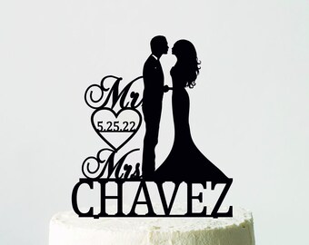 Mr and Mrs Wedding Cake Topper, Silhouette Braut und Bräutigam Cake Topper, Cake Topper mit Datum, Nachname