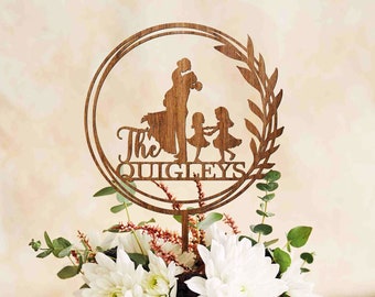 Boho Floral Wedding Cake Topper with Kids, Wreath Wood Cake Topper with Children, Family Cake Topper, Wedding Cake Topper with Two Kids