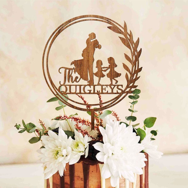 Boho Floral Wedding Cake Topper with Kids, Wreath Wood Cake Topper with Children, Family Cake Topper, Wedding Cake Topper with Two Kids