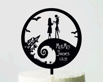 Simplesmente feito para ser bolo de coco, Mr&Mrs Wedding Cake Topper, Jack e Sally Cake Topper, O pesadelo antes do Natal, Topper personalizado